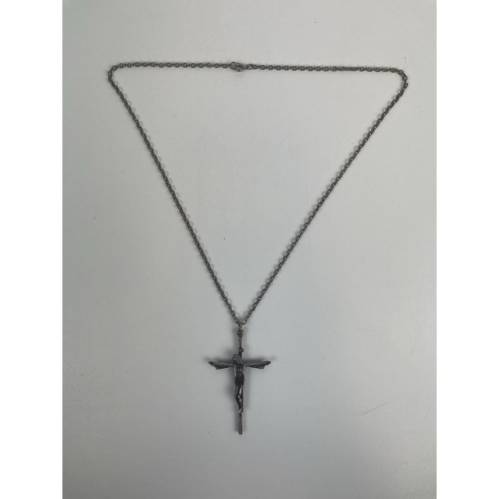 Vintage Jesus Crucifix Charm And Necklace‎ Silver Tone